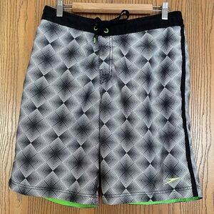 SPEEDO SIZE S MENS BOARD SHORTS SWIM TRUNKS BLACK WHITE & LIME GREEN
